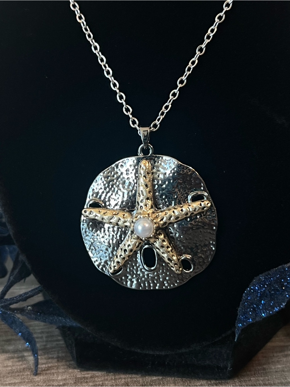 Silver Sand Dollar Necklace with Gold Starfish & Pearl Accent β Handcrafted - Picture 2 of 6